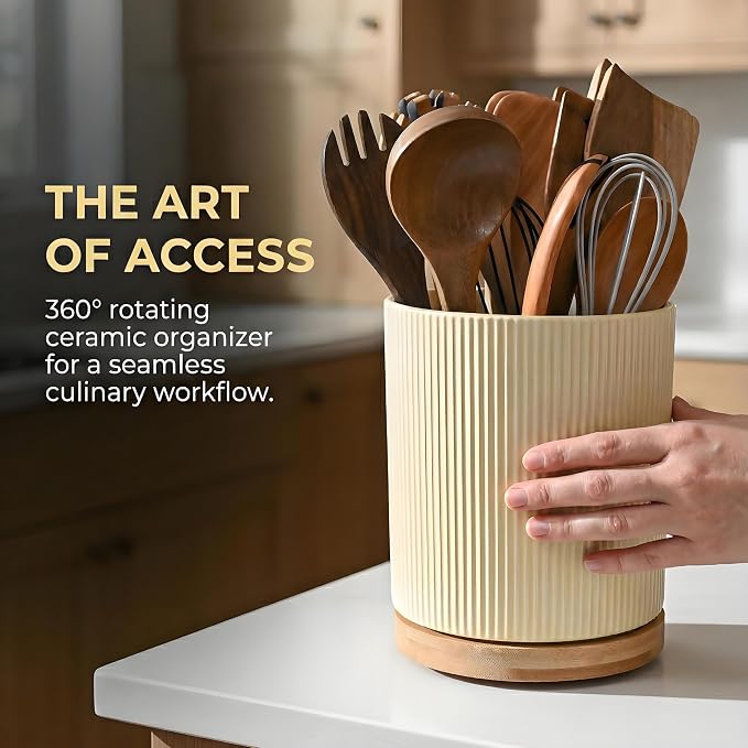 QUELIEN Utensil Holder, 360° Rotating Ceramic Kitchen Utensil Holder - Image 2