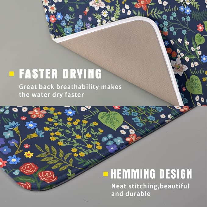 Flower Floral Dish Drying Mat Microfiber Navy Blue Absorbent Drying Pad - Image 3