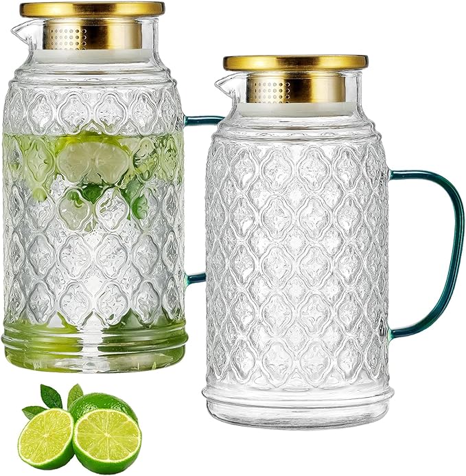 Buaic Glass Pitcher with Lid, 2 PACK 68 oz/2 Liter Vintage Water Pitcher by Buaic