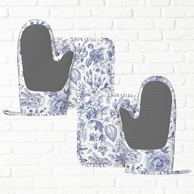Vintage Flower Blue and White Leaves Oven Mitts and Pot Holders Sets of 4 - Image 6