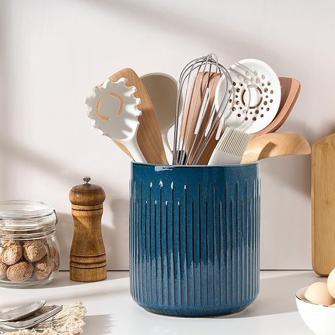 JIEMEI HOME Kitchen Utensil Holder, 7.2" Large Ceramic Stable Utensil Crock by JHJIEMEIHOME