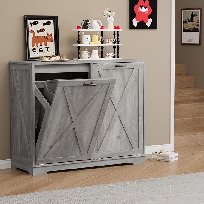 Double Tilt Out Trash Can Cabinet, Wooden Farmhouse Kitchen Garbage Bin - Image 8