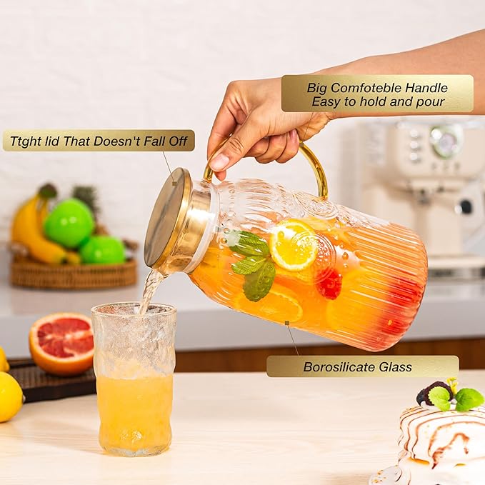 Amzcku Glass Pitcher with Lid, 68 oz/ 2 Liter 2Pack Vintage Water Pitcher - Image 4