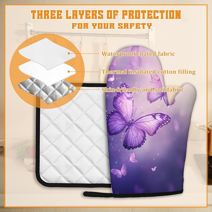 Purple Butterfly Oven Mitts and Pot Holders Set, Sparkling Kitchen Oven Gloves - Image 3