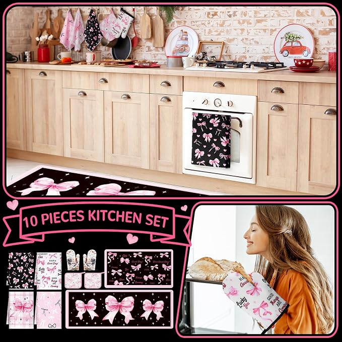 Fourluoo 10 Pcs Bow Kitchen Dish Towels Rugs Oven Mitts and Pot Holders Set - Image 2