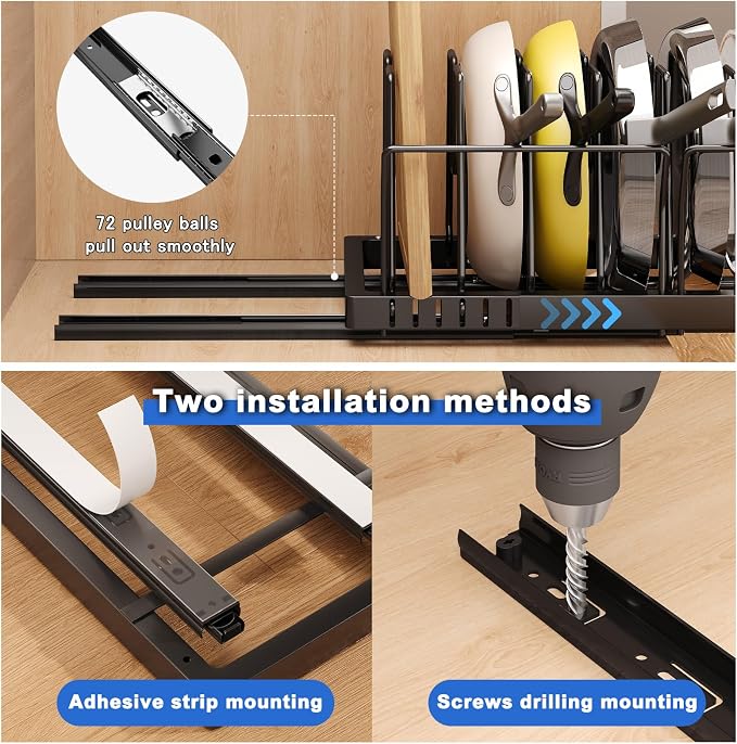 Mustorn 2 Pack Pots and Pans Organizer Under Cabinet, 21.6" Deep Pull Out Pot - Image 3