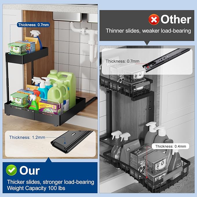 2 Pack Under Sink Organizer, Insputer 2 Tier Under Cabinet Storage Expandable - Image 2