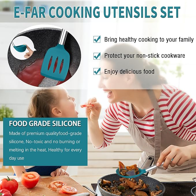 Silicone Cooking Utensils Set, E-far 14-Piece Blue Kitchen Utensils Set - Image 5