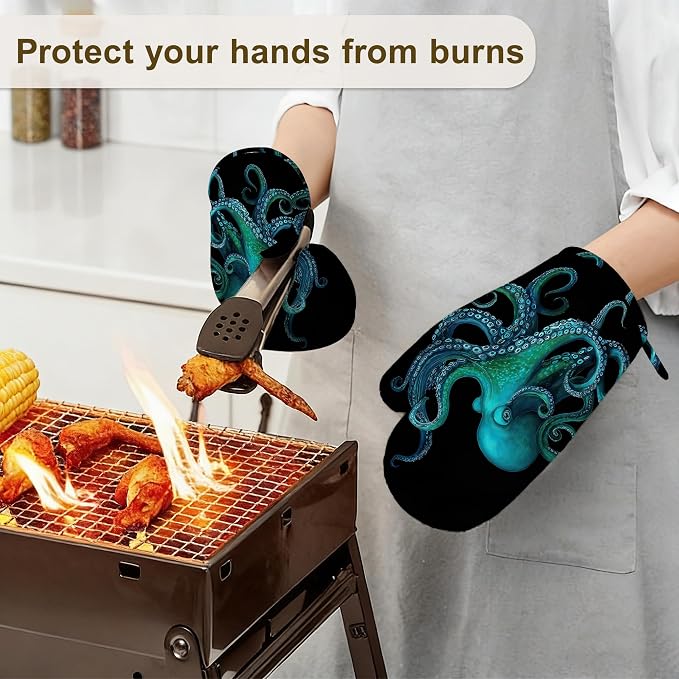 Oven Mitts and Pot Holders Green Octopus Silicone Kitchen Accessories Set of 4 - Image 6