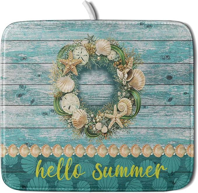 Hello Summer Dish Drying Mat for Kitchen Counter, Sea Shell Starfish Coastal by Anyako