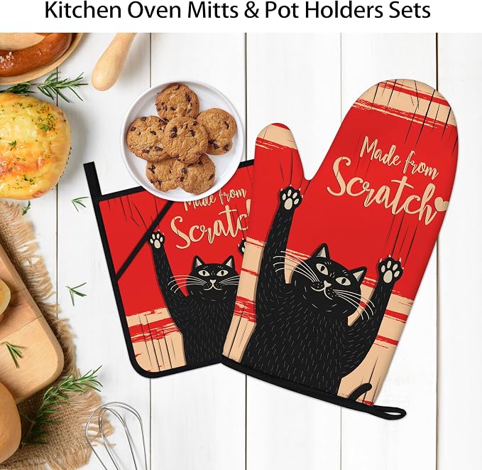 Funny Cat Oven Mitts and Pot Holders Sets Red Black Kitchen Decor Cute Cat - Image 5