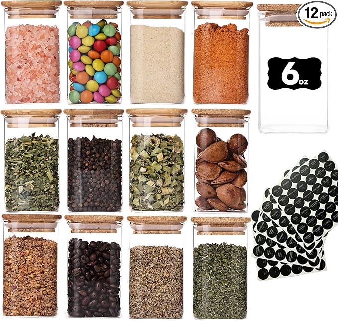 6oz Glass Spice Jars with Bamboo Lid and Label, 12 Pack Square Glass Container by Wells