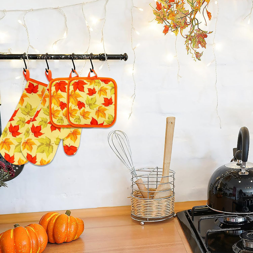 Lucleag 4 Pieces Fall Oven Mitts and Pot Holders Set, Thanksgiving