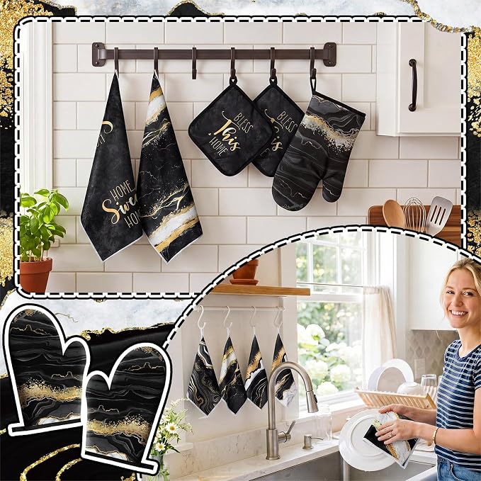 Bencailor 12 Pcs Marble Kitchen Decor and Accessories Sets 4 Black and Gold - Image 4