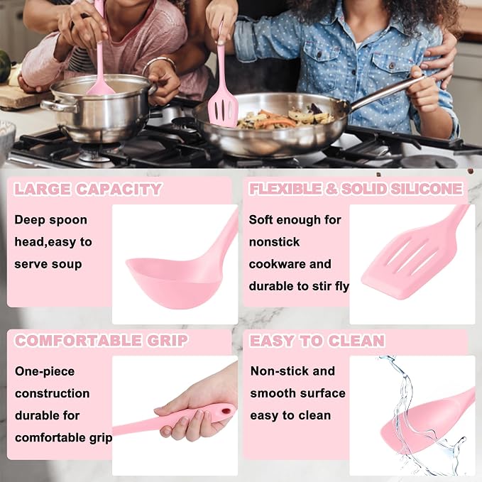 E-far Pink Silicone Cooking Utensils Set, 10-Piece Kitchen Utensil Set - Image 4