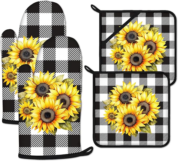 Sunflower Oven Mitts and Pot Holders Sets Heat Resistant 4Pcs Black White by ANTJOO