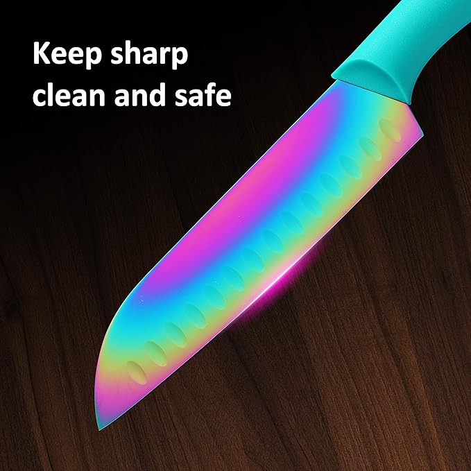 Marco Almond Kitchen Knife Set, KYA37 12-Piece Rainbow Titanium Stainless Steel - Image 9
