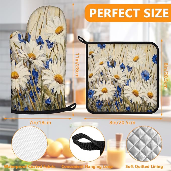 Daisy Flowers Oven Mitts and Pot Holders Sets 4Pcs, Extra Long Oven Gloves - Image 2