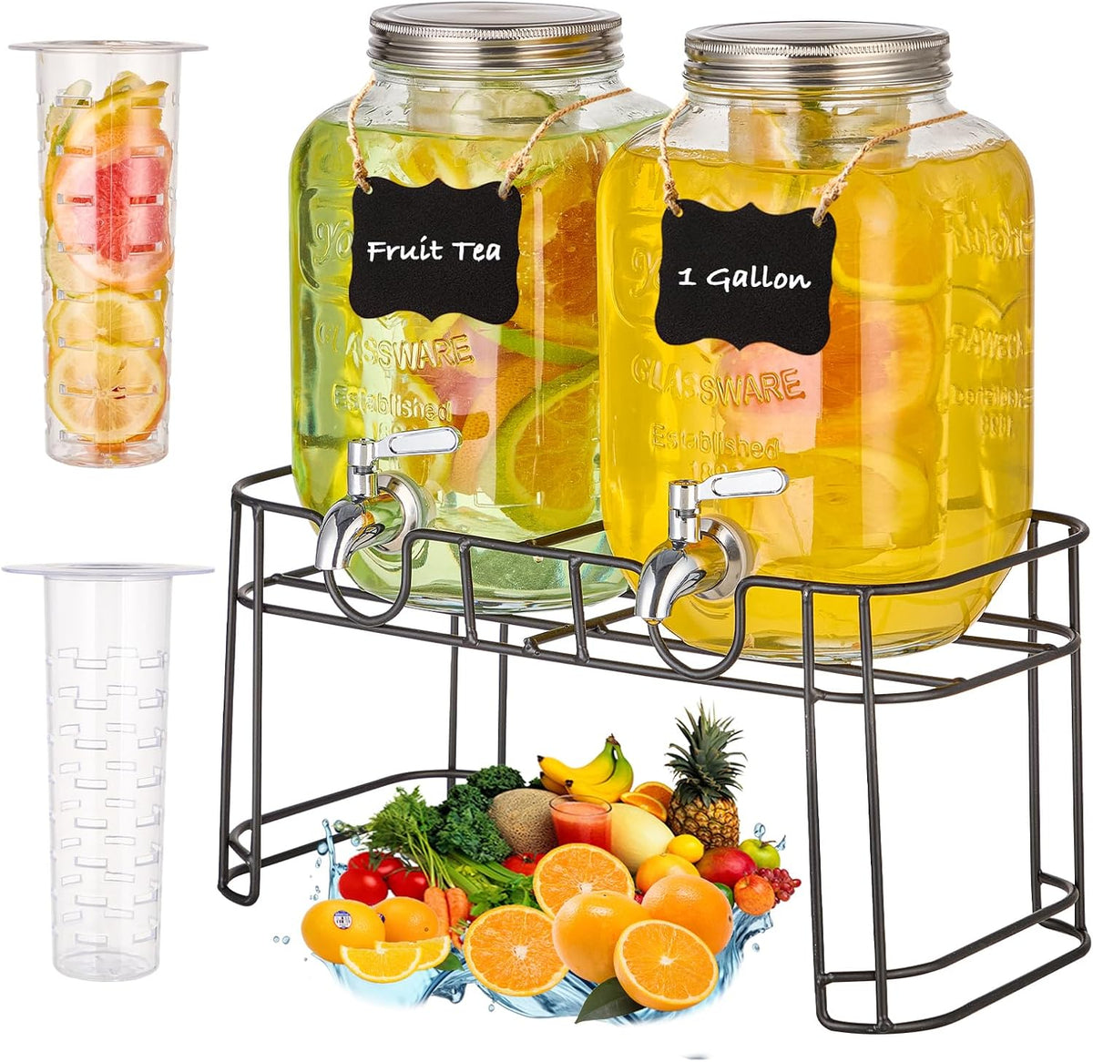 1 Gallon Glass Drink Dispensers for Parties, 2 Pack Beverage Dispenser