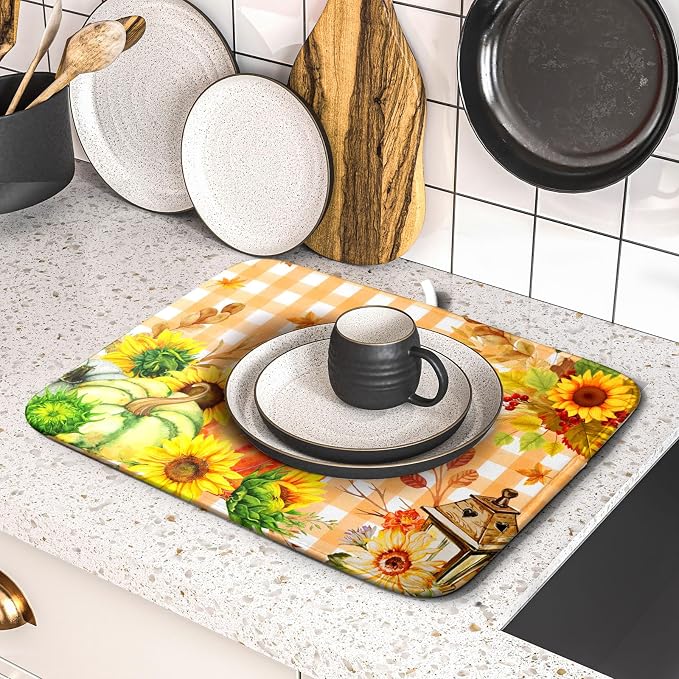 Autumn Maple Leaf Orange White Check Plaids Dish Drying Mat - Image 5