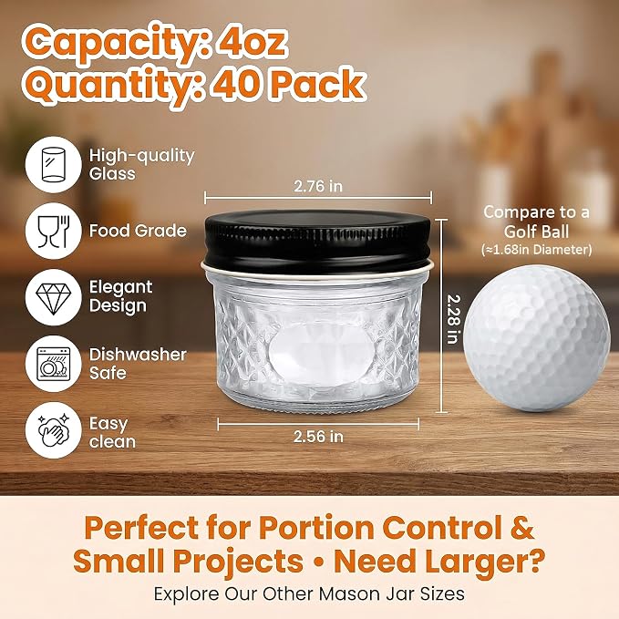 4 oz Glass Jars With Lids, 40 Pack Small Clear Mason Jars and Diamond appearance - Image 2