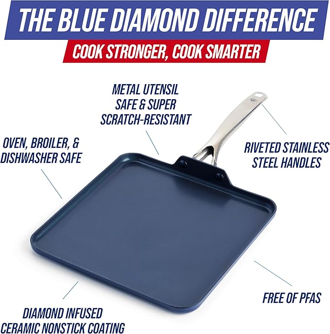 Blue Diamond 11" Nonstick Square Griddle Pan, Non Toxic PFAS-Free Diamond - Image 4