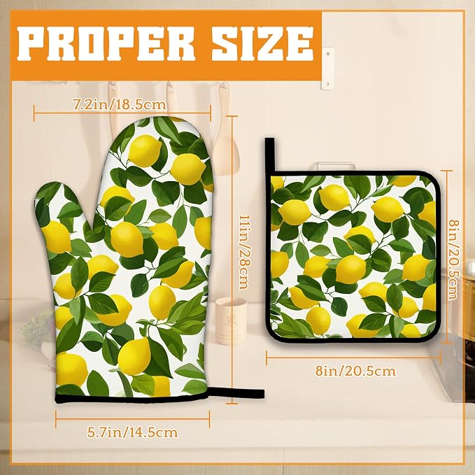 Lemon Oven Mitts and Pot Holders Set, Kitchen Decor Heat Resistant Non Slip Hot - Image 2