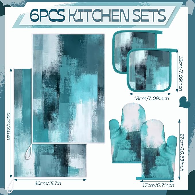Bencailor 6 Pcs Teal Kitchen Accessories Teal Kitchen Towels Pot Holders and - Image 3