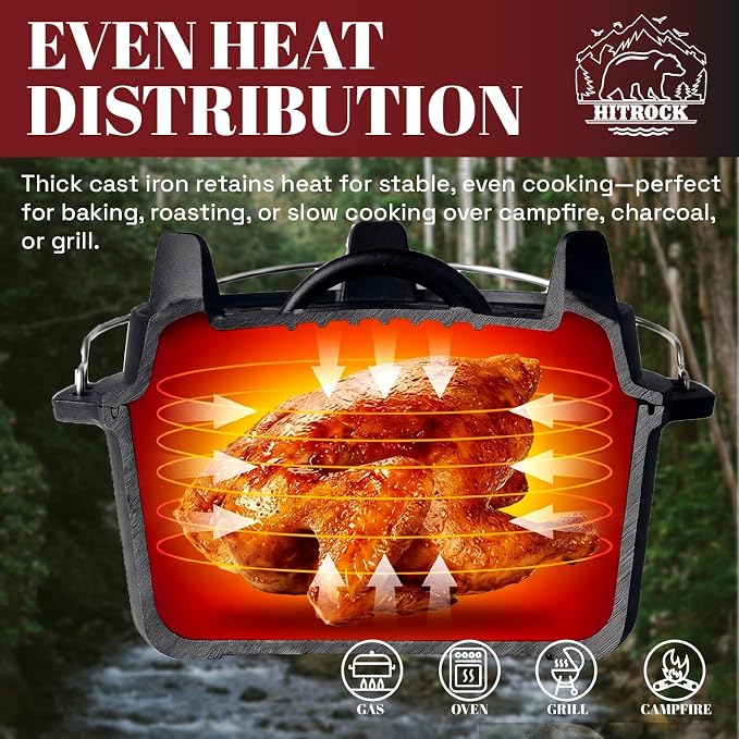 HITROCK Cast Iron Camp Dutch Oven 7QT, Pre-Seasoned Camping Dutch Oven - Image 2