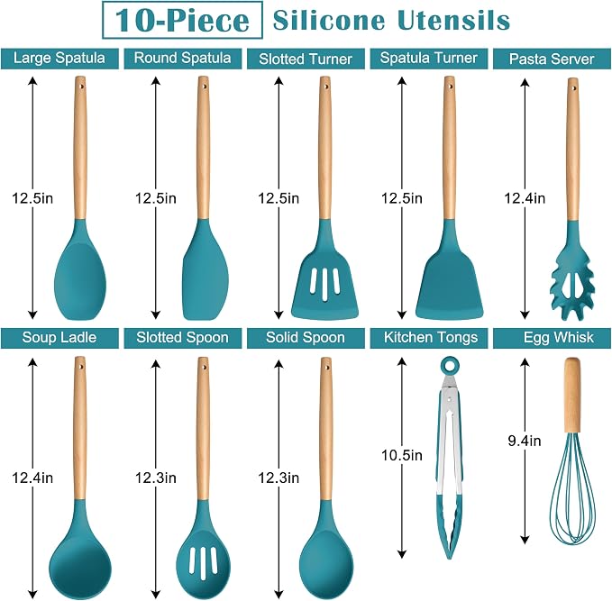 E-far Blue Silicone Cooking Utensils Set, 10-Piece Kitchen Utensils Set - Image 2