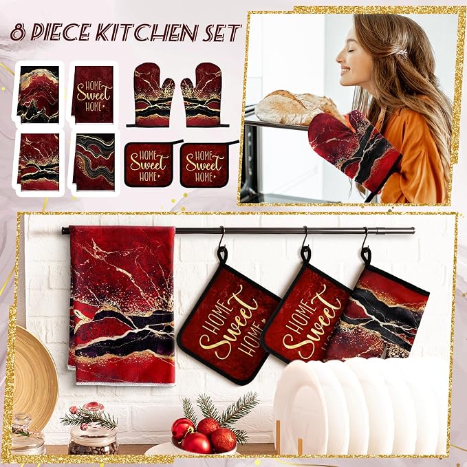 Leinuosen 8 Pcs Burgundy Marble Kitchen Towels and Dishcloths Sets Oven Mitts - Image 2