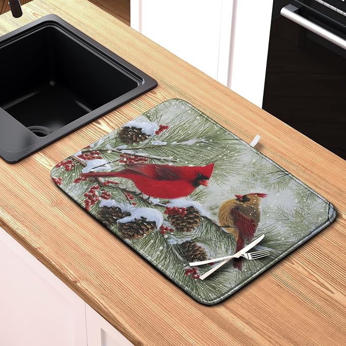 Winter Dish Drying Mat for Kitchen Counter 18x24 Inch Christmas Red Birds - Image 6