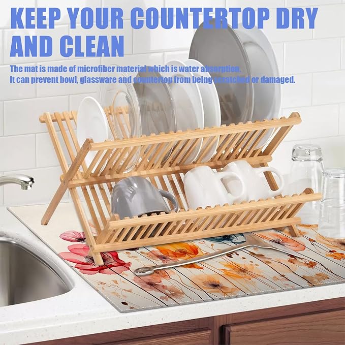 Poppy Dish Drying Mat for Kitchen Counter Wild Flower Drying Pad Absorbent - Image 5