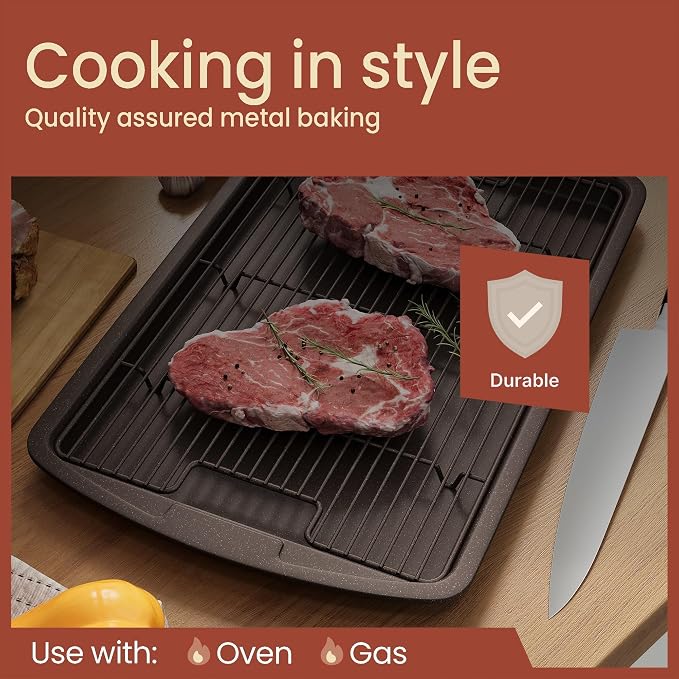 Cookie Sheet with Wire Rack Set, 2-Piece Nonstick Brown Marble Carbon Steel Pan - Image 3