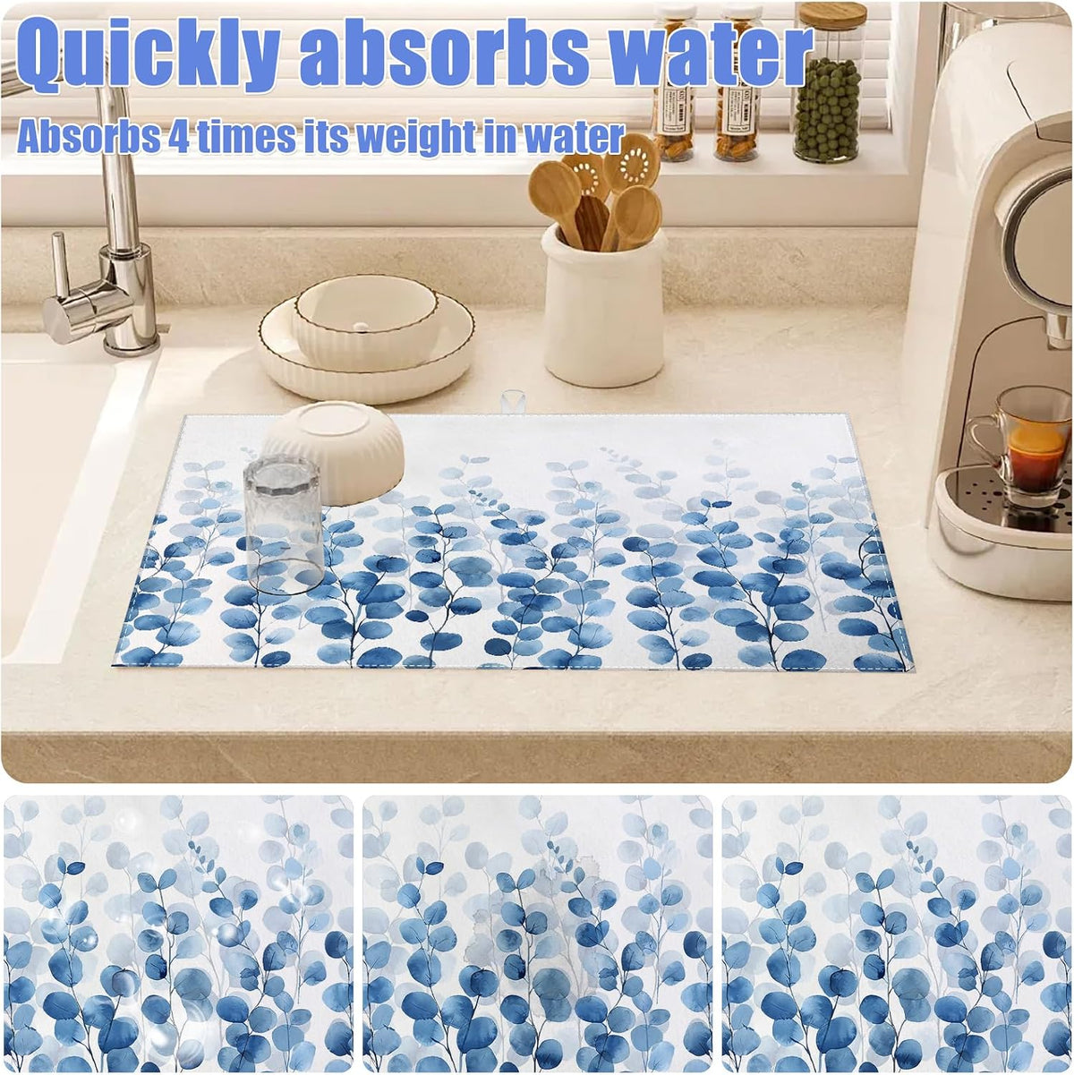 Blue Eucalyptus Leaves Dish Drying Mat for Kitchen Counter Drying Pad