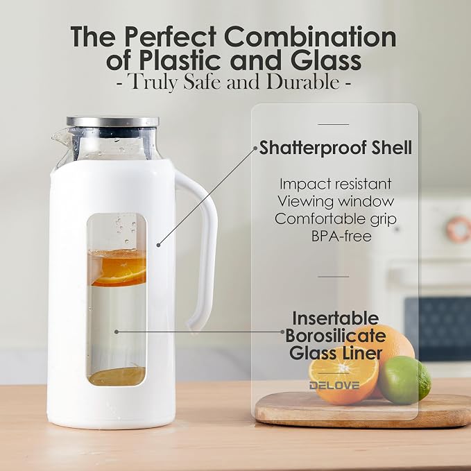 Delove Glass Pitcher with Lid & Shatterproof Shell – Heat-Resistant - Image 2