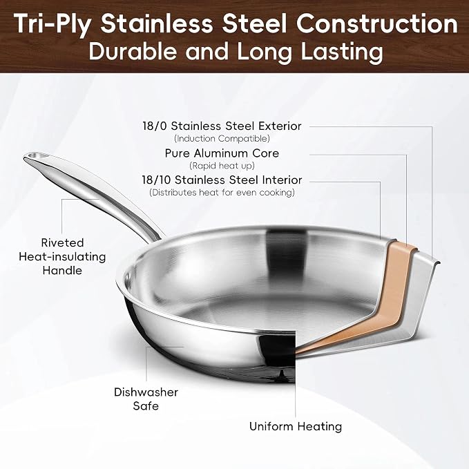 SuperCook Tri-Ply Clad Stainless Steel Frying Pan 8 Inch, Stainless Clad Frying - Image 3