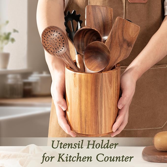Criusia Utensil Holder 2 Pack, 360° Rotating Acacia Wood Cooking Utensil Crocks - Image 9