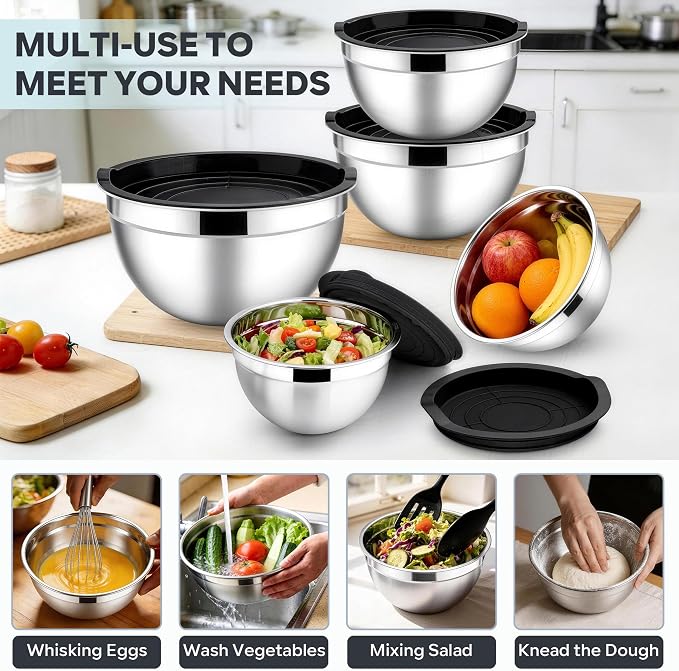 E-far Mixing Bowls With Lids Sets of 5, 10-Piece Stainless Steel Salad Metal - Image 5