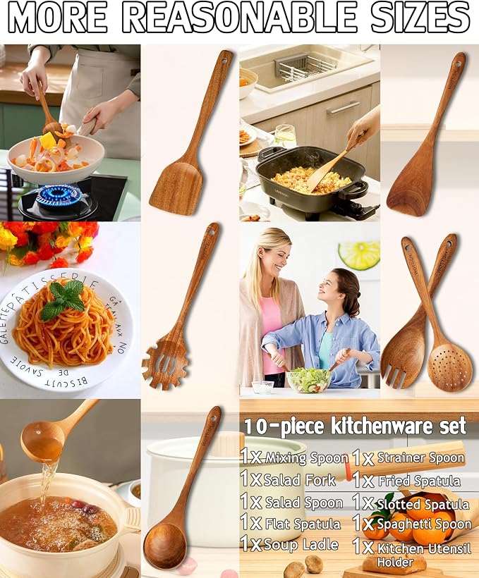Wooden Spoons for Cooking, Wooden Cooking Utensil Set, 10-Piece Wooden Kitchen - Image 4