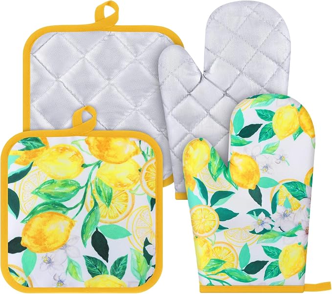 4 Pcs Oven Mitts and Pot Holders Cute Lemon Oven Gloves and Pot Holders Heat by Unknown