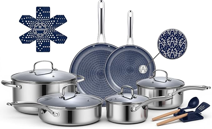 Ammeloo Hybrid Stainless Steel Cookware Set, 17-Piece Tri-Ply Pots and Pans Set by Unknown