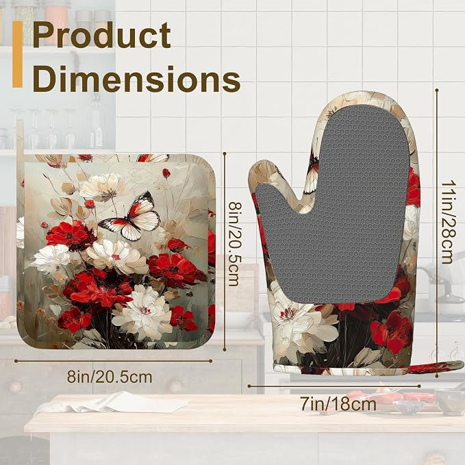 Oven Mitts and Pot Holders White Red Flower Silicone Kitchen Accessories Set of - Image 2