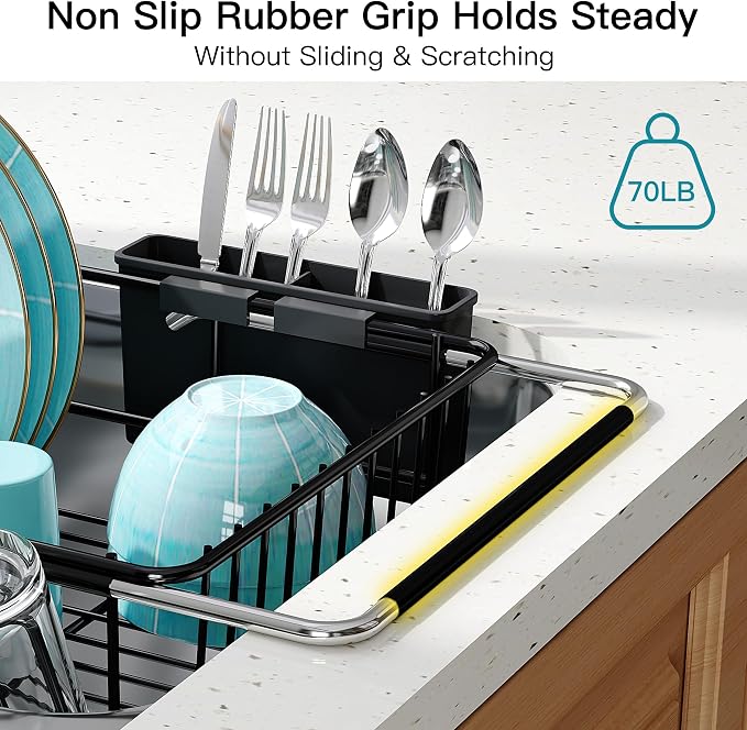 Dish Drying Rack Over the Sink In Stainless Steel Black Expandable Drainer - Image 8