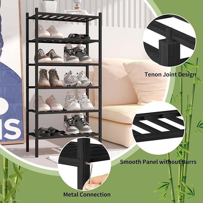 ROMGUAR CRAFT 6-Tier Bamboo Small Shoe Rack, Free Standing Wood Shoe Shelf - Image 5
