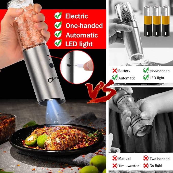 Gravity Electric Salt and Pepper Grinders refillable 1 Pack, USB Rechargeable - Image 2
