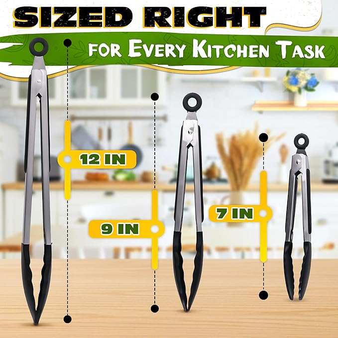 Kitchen Tongs Set of 3-7/9/12" Silicone Tipped Tongs - Image 2