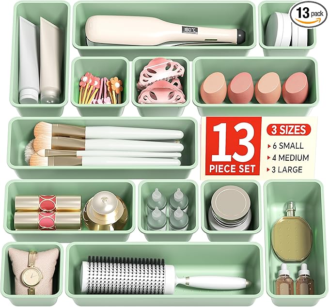 Canfanni 13 Pack Plastic Drawer Organizers Set, 3 Sizes Desk Drawer Organizer by Canfanni