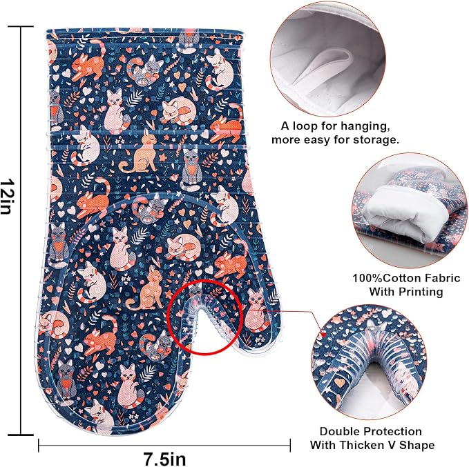 Oven Mitts Set of 2 with Transparent Clear Silicone Shell and Nice cat Printing - Image 2
