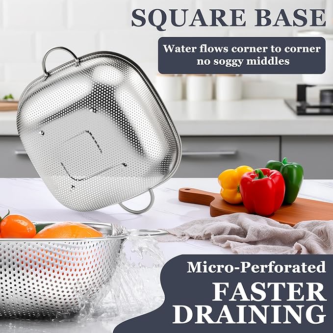 E-far 3 Pack Colander for Kitchen, Square Stainless Steel Metal Strainer - Image 3